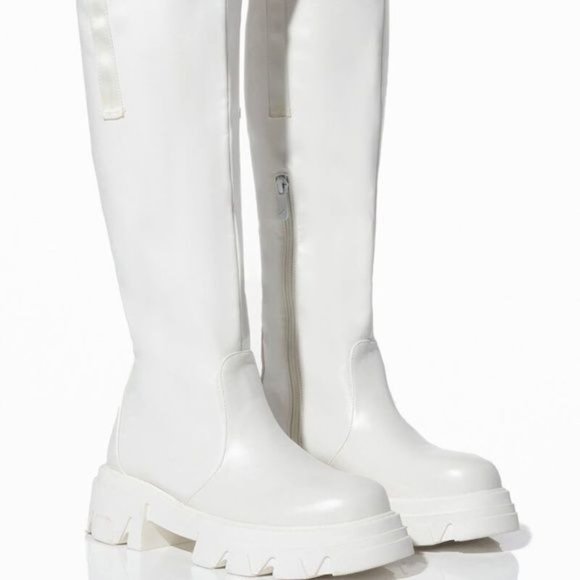 Callie Livs Gone Girl Azalea Wang Chunky Flat White Vegan Leather Riding Boot 10 - Picture 1 of 8